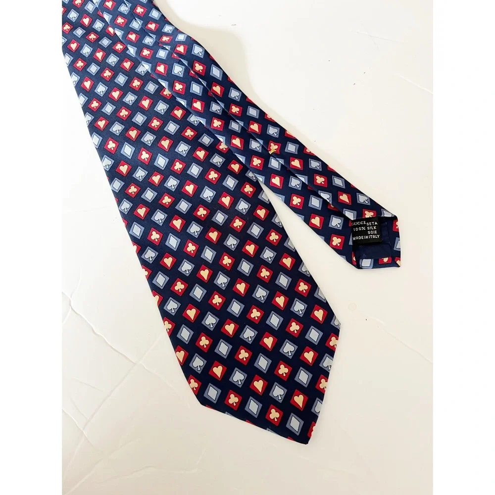 Gucci blue/red/gold card print silk tie